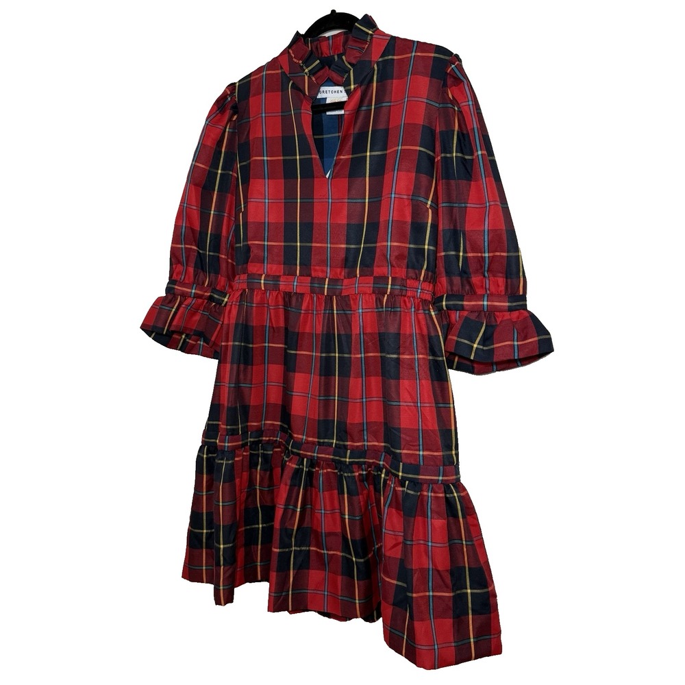 Gretchen Scott NWT Teardrop Dress Red Plaidly Cooper L Tartan Ruffle Holiday - Picture 2 of 10
